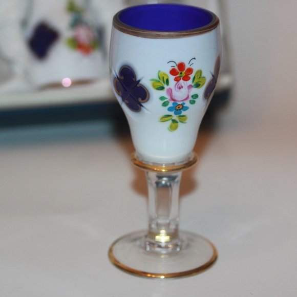 Set of 6 Bohemian Czech Blue Cased To White Shot Cordial Glasses RARE - Picture 2 of 6